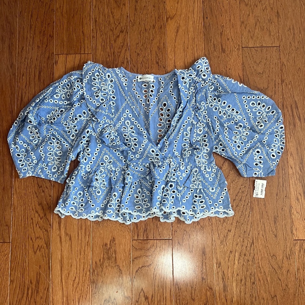 Impeccable Pig Blue and White Eyelet blouse